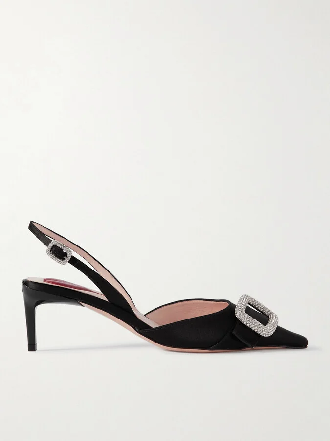 Roger Vivier - Dorsay 55 Crystal-embellished Satin Slingback Pumps - Black