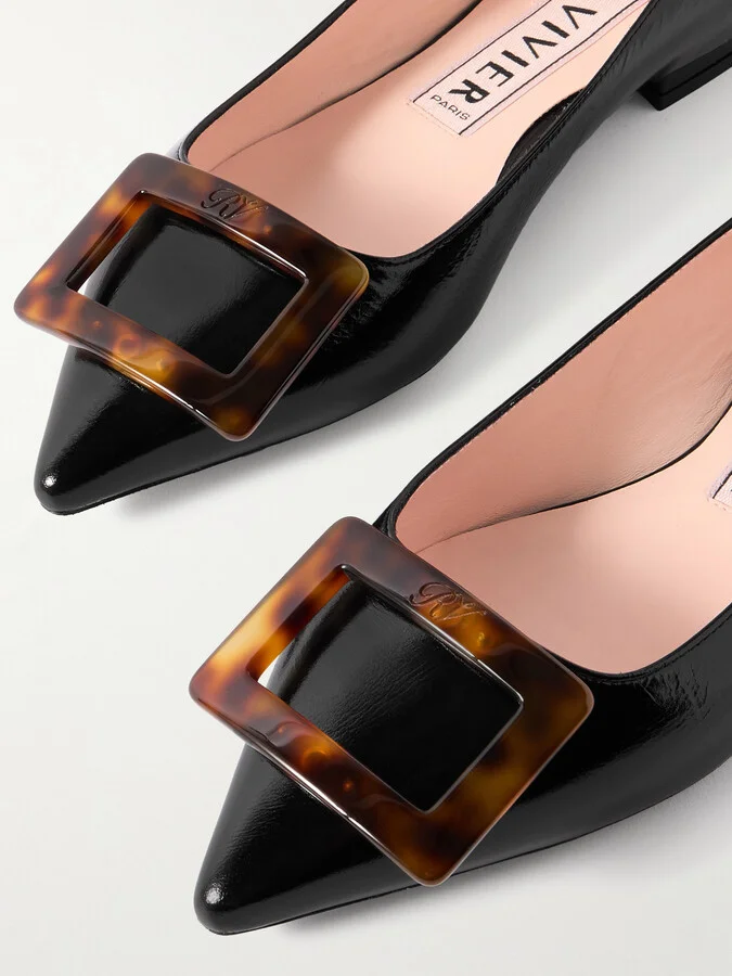 Roger Vivier - Gommettine Buckled Glossed Crinkled-leather Ballet Flats - Black - Image 4