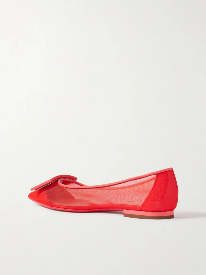 Roger Vivier - Gommettine Buckled Patent Leather-trimmed Mesh Ballet Flats - Red - Image 3
