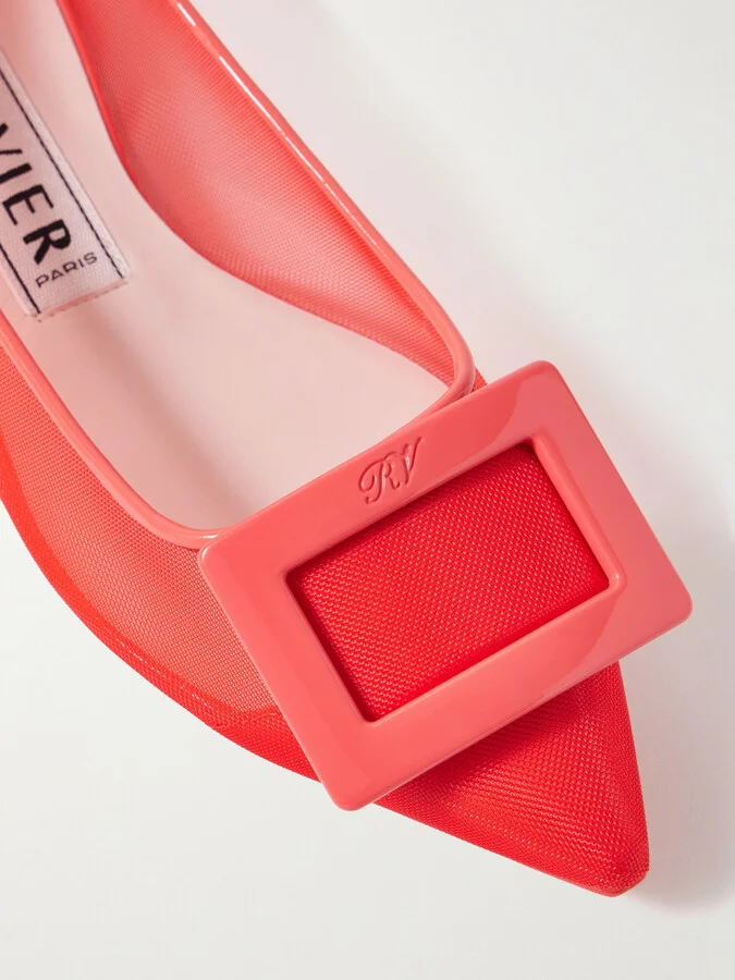 Roger Vivier - Gommettine Buckled Patent Leather-trimmed Mesh Ballet Flats - Red - Image 4