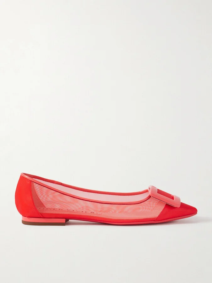 Roger Vivier - Gommettine Buckled Patent Leather-trimmed Mesh Ballet Flats - Red