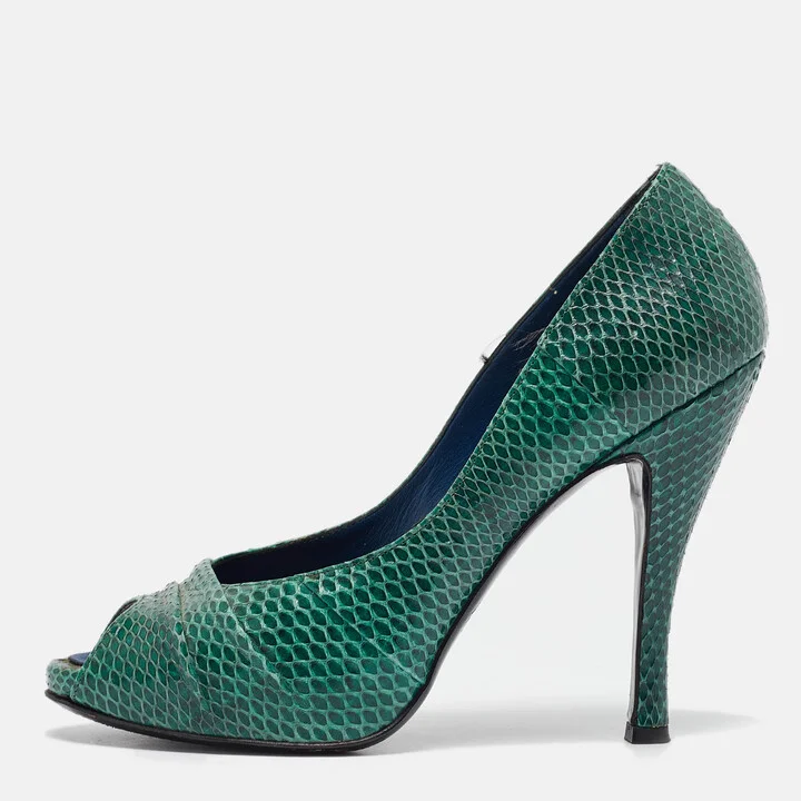 Roger Vivier Green Snakeskin Leather Peep Toe Pumps Size 37.5