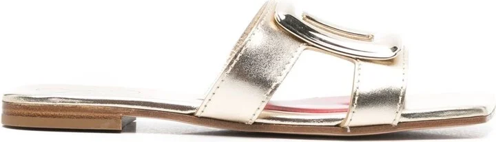 Roger Vivier Metal Buckle Leather Flat Sandals