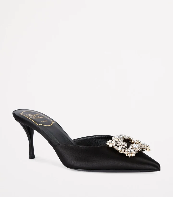 Roger Vivier Satin Decolleté Crystal Buckle Mules 65 - Image 3