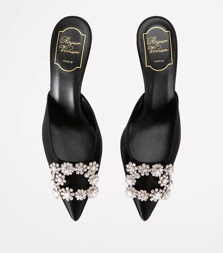Roger Vivier Satin Decolleté Crystal Buckle Mules 65 - Image 4