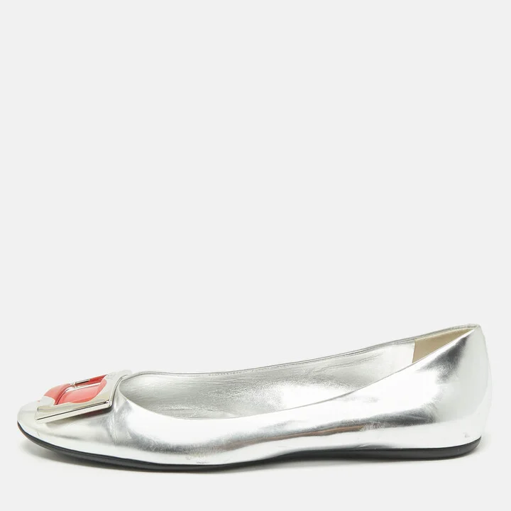 Roger Vivier Silver Leather Gommette Love Ballet Flats Size 41
