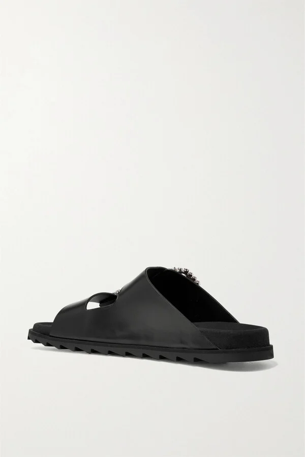 Roger Vivier - Slidy Viv Crystal-embellished Leather Slides - Black - Image 3