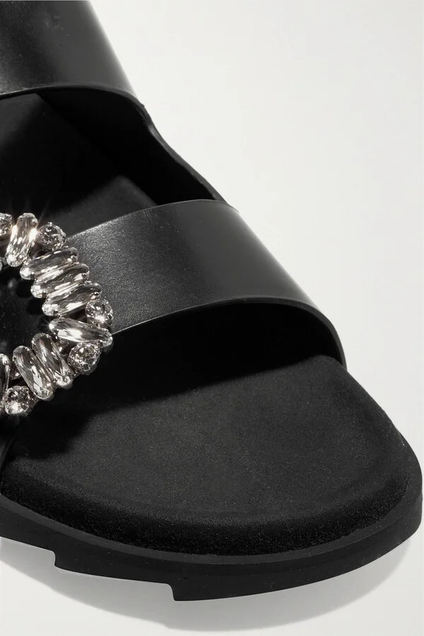 Roger Vivier - Slidy Viv Crystal-embellished Leather Slides - Black - Image 4