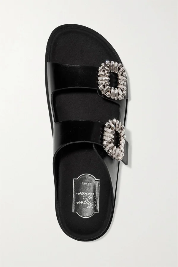 Roger Vivier - Slidy Viv Crystal-embellished Leather Slides - Black - Image 5