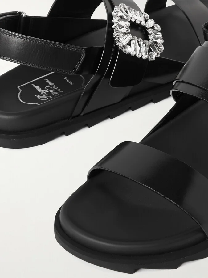 Roger Vivier - Slidy Viv Crystal-embellished Leather Slingback Sandals - Black - Image 4