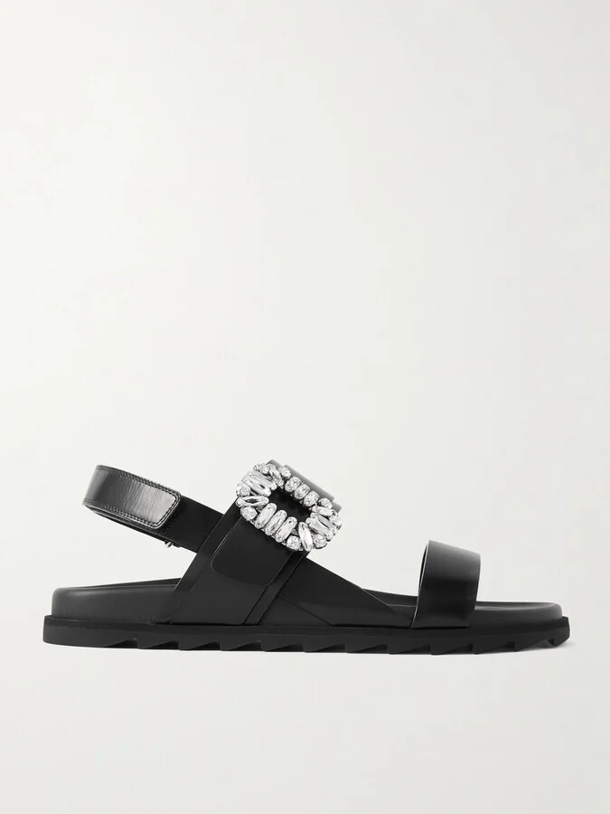 Roger Vivier - Slidy Viv Crystal-embellished Leather Slingback Sandals - Black