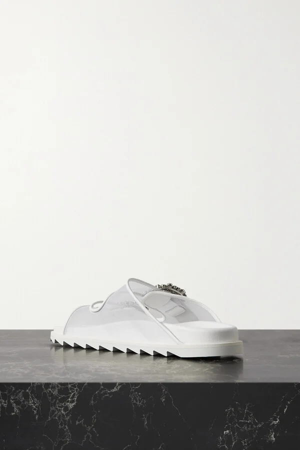 Roger Vivier - Slidy Viv Crystal-embellished Leather-trimmed Mesh Slides - White - Image 3
