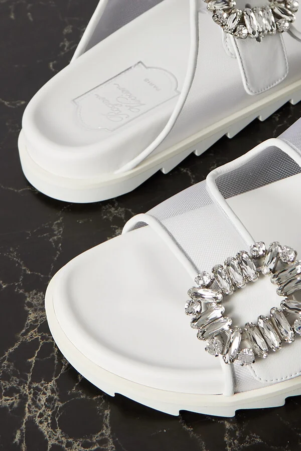 Roger Vivier - Slidy Viv Crystal-embellished Leather-trimmed Mesh Slides - White - Image 4