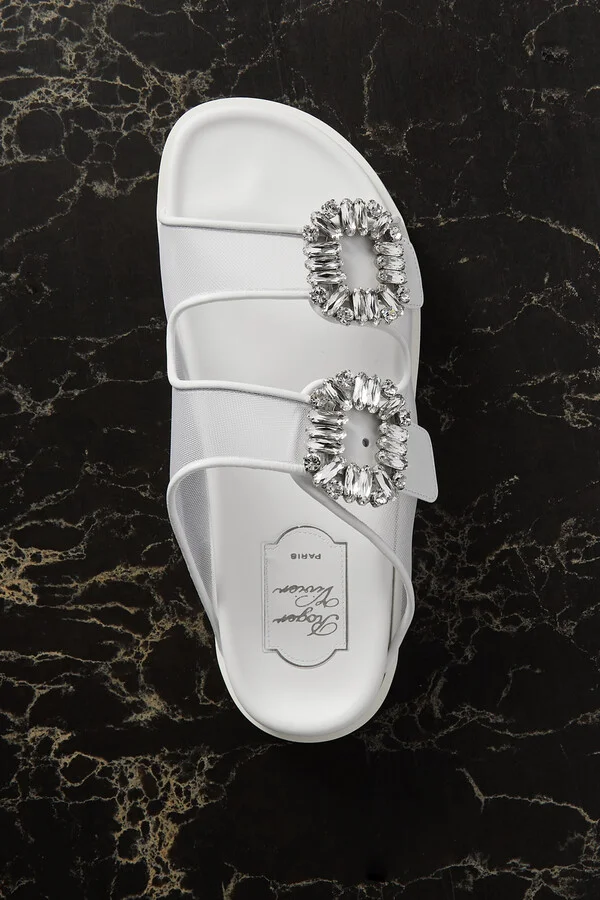 Roger Vivier - Slidy Viv Crystal-embellished Leather-trimmed Mesh Slides - White - Image 5
