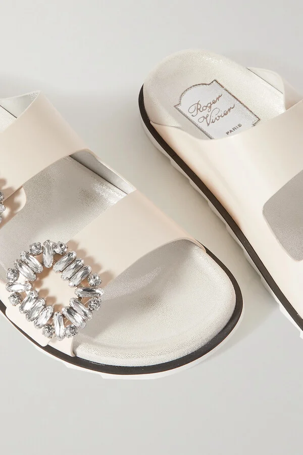 Roger Vivier - Slidy Viv Swarovski Crystal-embellished Leather Slides - Cream - Image 4