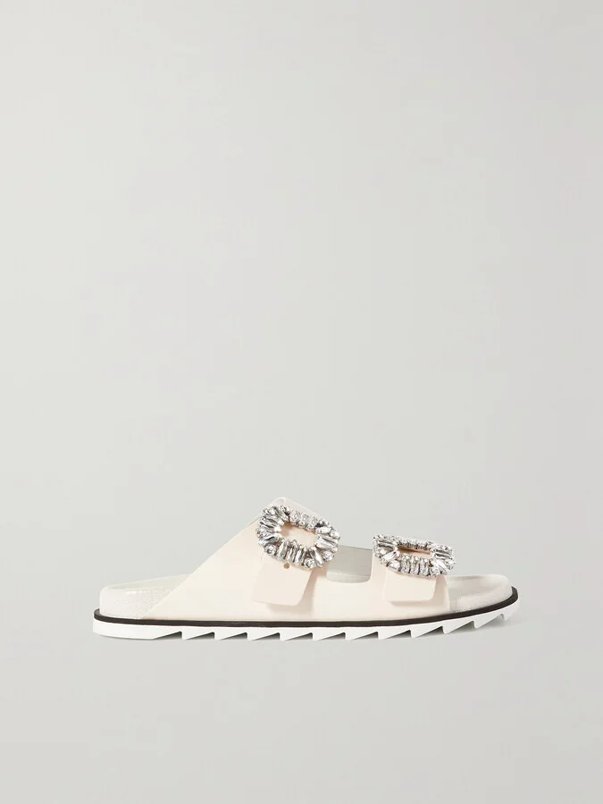 Roger Vivier - Slidy Viv Swarovski Crystal-embellished Leather Slides - Cream