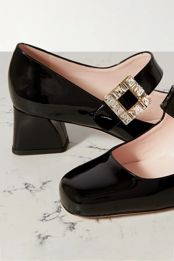 Roger Vivier - Très Vivier 45 Crystal-embellished Patent-leather Mary Jane Pumps - Black - Image 4