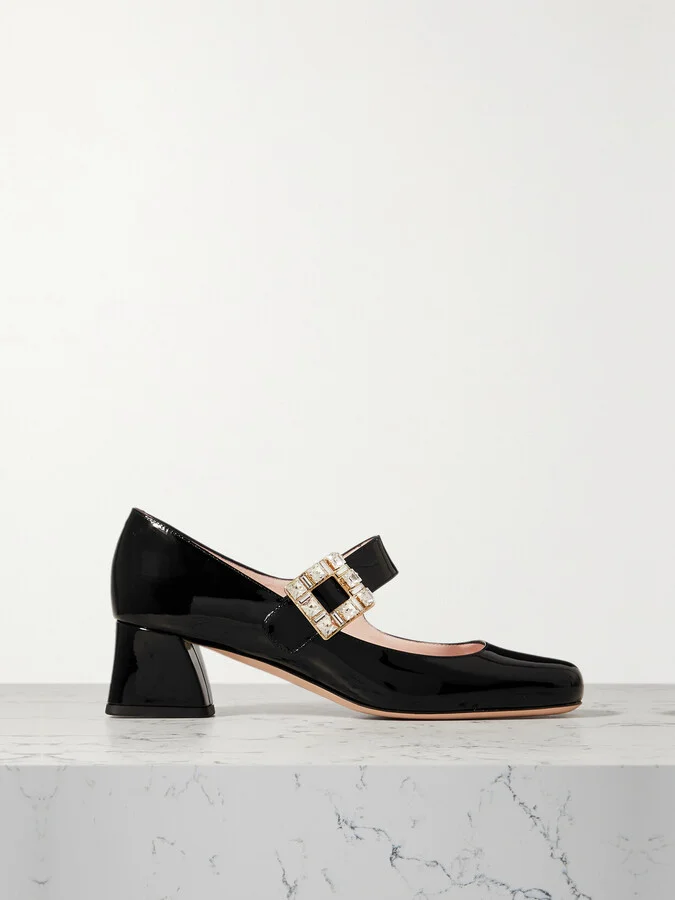 Roger Vivier - Très Vivier 45 Crystal-embellished Patent-leather Mary Jane Pumps - Black