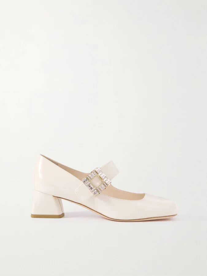 Roger Vivier - Très Vivier 45 Crystal-embellished Patent-leather Mary Jane Pumps - White