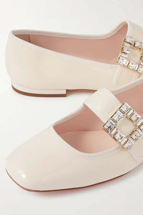 Roger Vivier - Très Vivier Crystal-embellished Glossed-leather Ballet Flats - Cream - Image 4