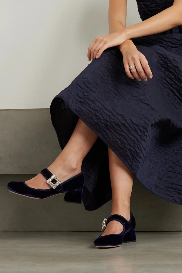 Roger Vivier - Très Vivier Crystal-embellished Velvet Mary Jane Pumps - Blue - Image 2