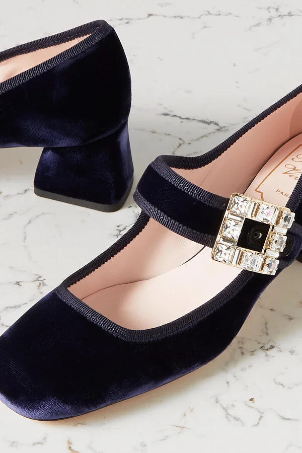 Roger Vivier - Très Vivier Crystal-embellished Velvet Mary Jane Pumps - Blue - Image 4