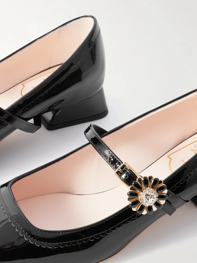 Roger Vivier - Très Vivier Flower 25 Crystal-embellished Patent-leather Mary Jane Pumps - Black - Image 4
