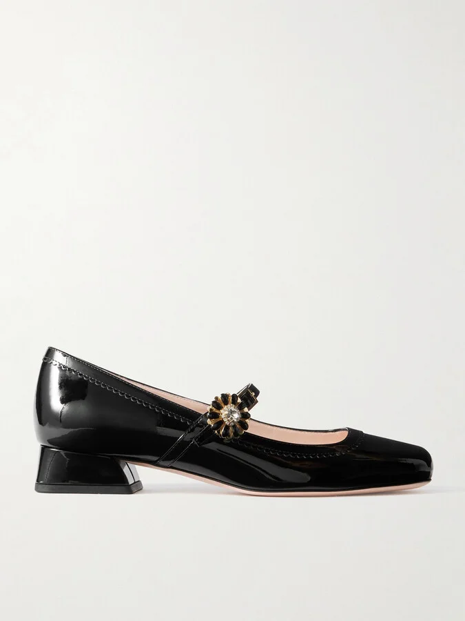 Roger Vivier - Très Vivier Flower 25 Crystal-embellished Patent-leather Mary Jane Pumps - Black