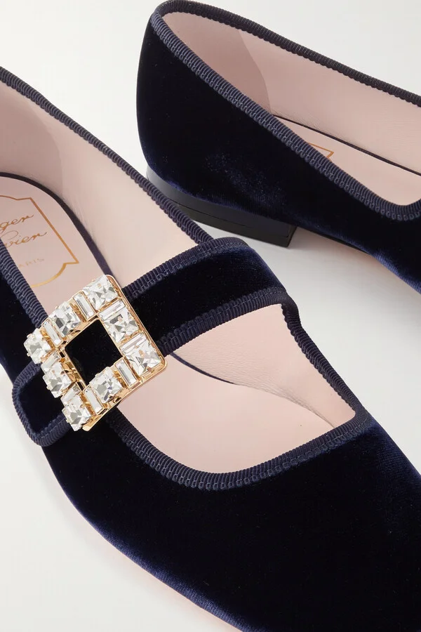 Roger Vivier - Très Vivier Strass Babies Crystal-embellished Velvet Mary Jane Ballet Flats - Blue - Image 4