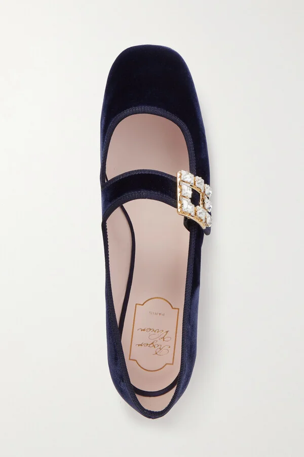 Roger Vivier - Très Vivier Strass Babies Crystal-embellished Velvet Mary Jane Ballet Flats - Blue - Image 5