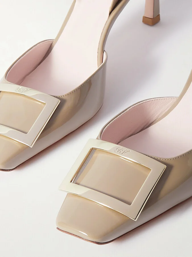 Roger Vivier - Trompette 70 Patent-leather Slingback Pumps - Neutrals - Image 4