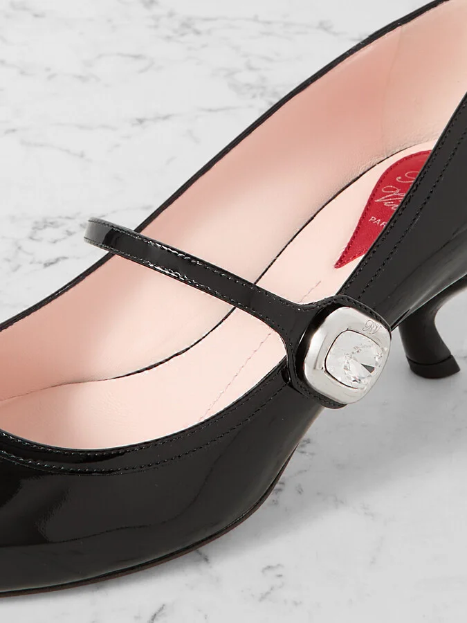 Roger Vivier - Virgule 55 Crystal-embellished Patent-leather Mary Jane Pumps - Black - Image 4