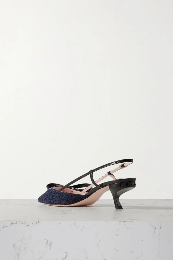 Roger Vivier - Virgule 55 Patent-leather And Bouclé-tweed Slingback Pumps - Blue - Image 3