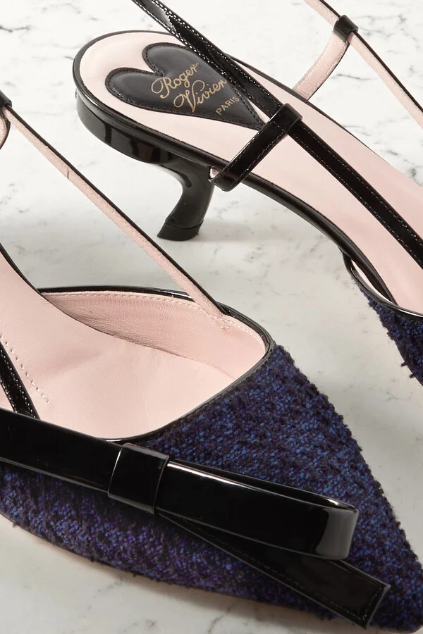 Roger Vivier - Virgule 55 Patent-leather And Bouclé-tweed Slingback Pumps - Blue - Image 4