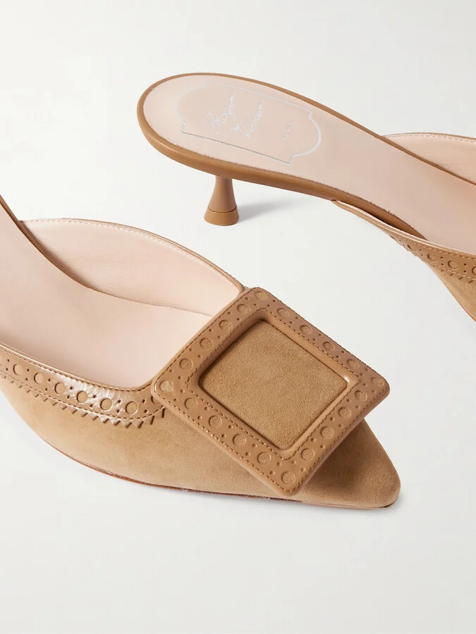 Roger Vivier - Viv In The City 45 Buckled Perforated Leather-trimmed Suede Mules - Brown - Image 4