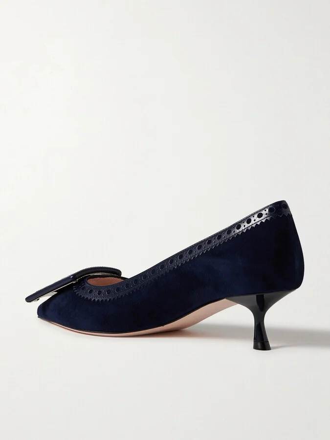 Roger Vivier - Viv In The City 45 Buckled Perforated Leather-trimmed Suede Pumps - Blue - Image 3