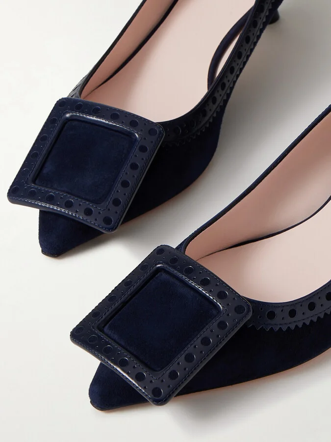 Roger Vivier - Viv In The City 45 Buckled Perforated Leather-trimmed Suede Pumps - Blue - Image 4