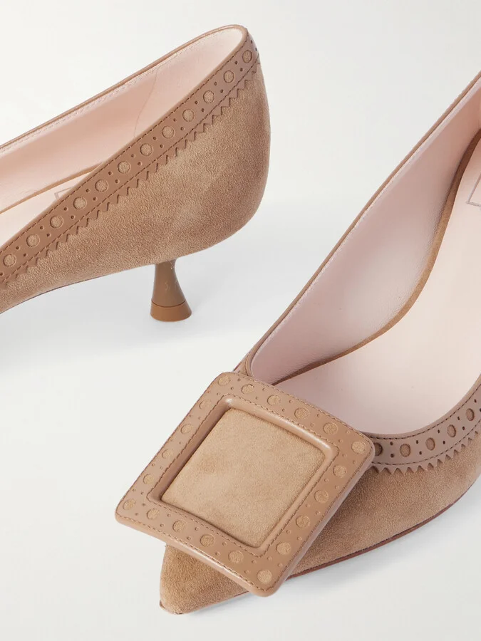 Roger Vivier - Viv In The City 45 Perforated Leather-trimmed Suede Pumps - Brown - Image 4