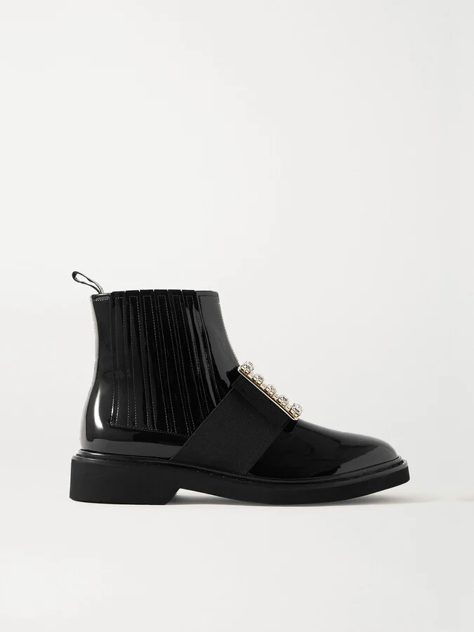 Roger Vivier - Viv Ranger Crystal-embellished Patent-leather Chelsea Boots - Black
