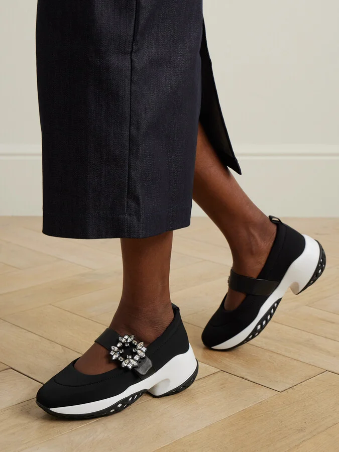 Roger Vivier - Viv Run Crystal-embellished Stretch And Leather Sneakers - Black - Image 2