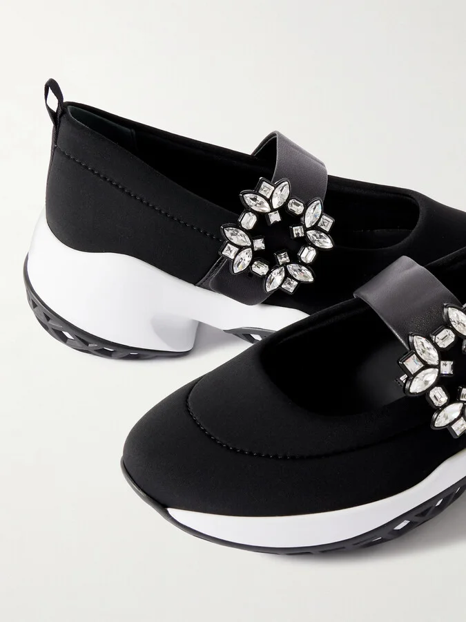 Roger Vivier - Viv Run Crystal-embellished Stretch And Leather Sneakers - Black - Image 4