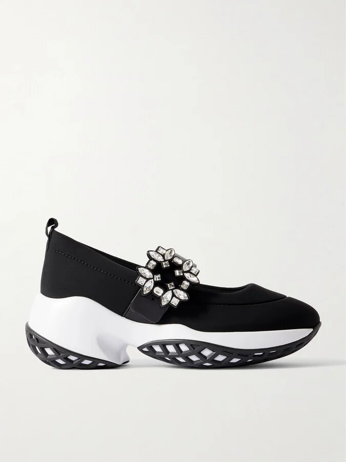 Roger Vivier - Viv Run Crystal-embellished Stretch And Leather Sneakers - Black
