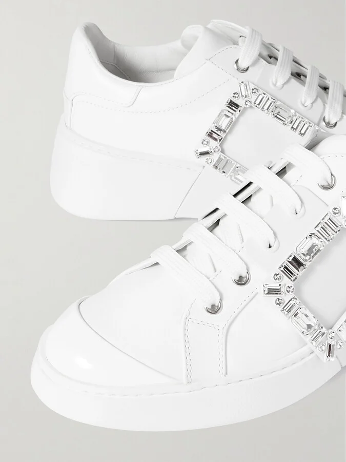 Roger Vivier - Viv Skate Crystal-embellished Rubber-trimmed Leather Sneakers - White - Image 4