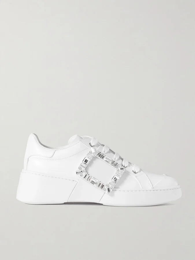 Roger Vivier - Viv Skate Crystal-embellished Rubber-trimmed Leather Sneakers - White