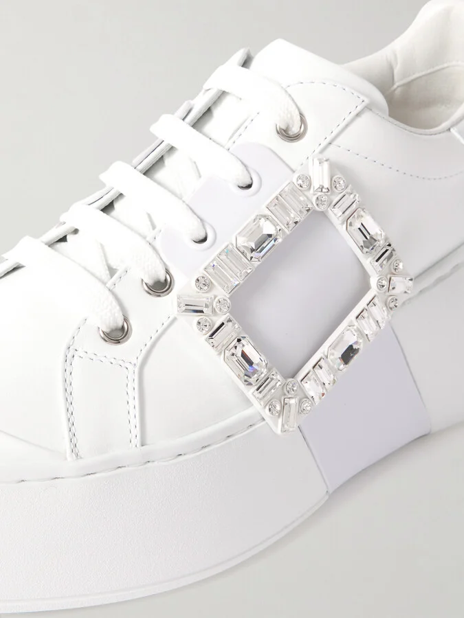 Roger Vivier - Viv Skate High Crystal-embellished Rubber-trimmed Leather Sneakers - White - Image 4
