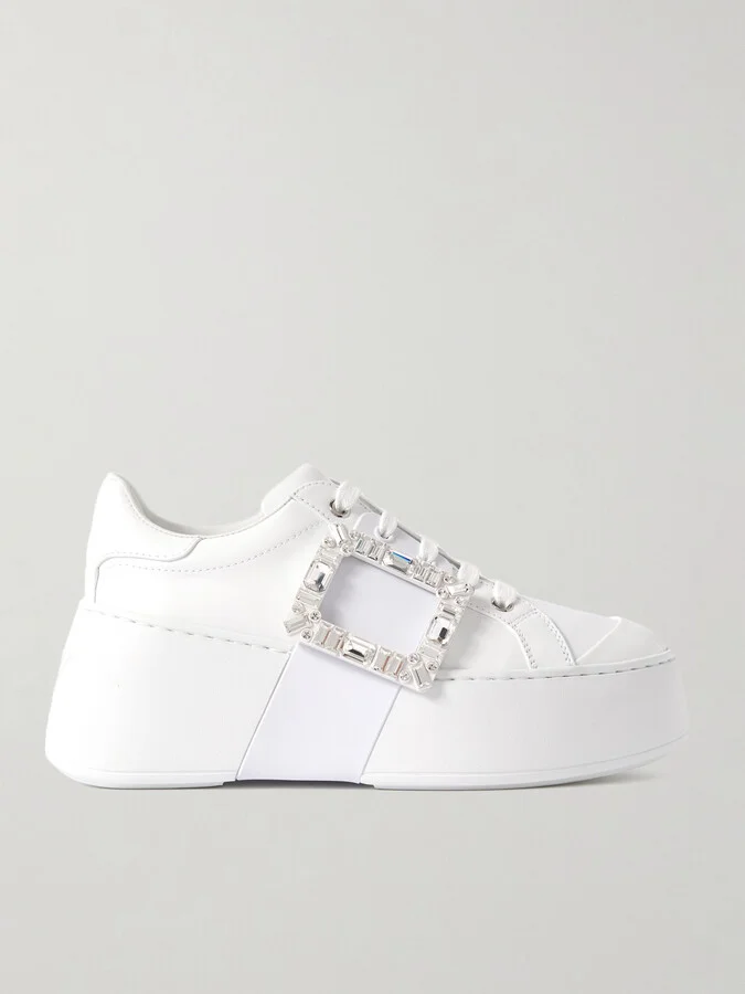 Roger Vivier - Viv Skate High Crystal-embellished Rubber-trimmed Leather Sneakers - White