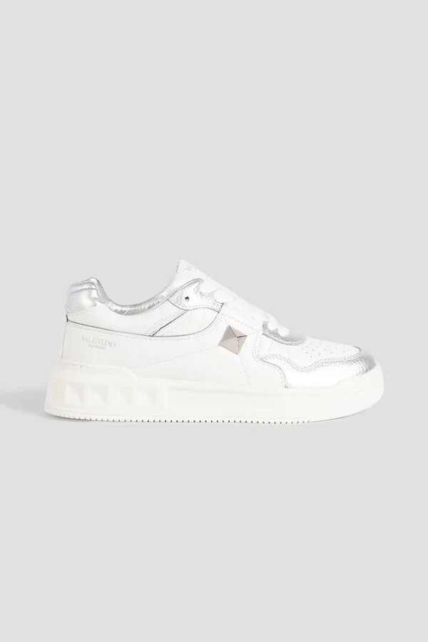 Roman Stud metallic smooth and pebbled-leather sneakers