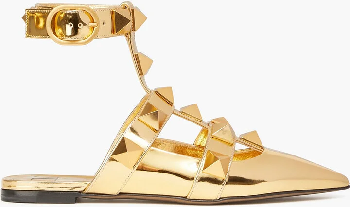 Roman Stud mirrored-leather point-toe flats
