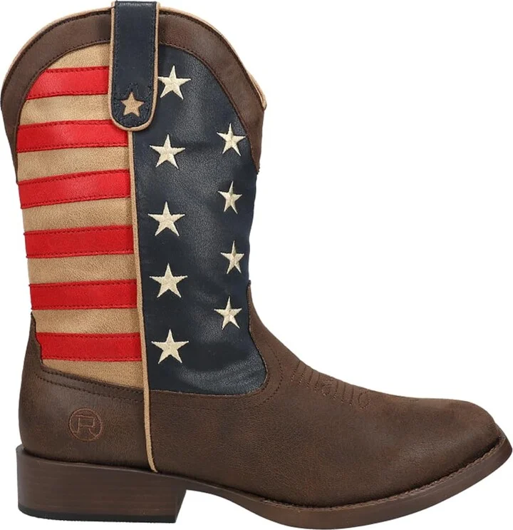 ROPER Mens American Patriotic Square Toe Pull On Casual Boots Mid Calf - Brown - Size 9.5 D