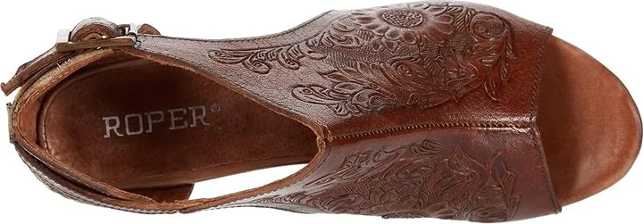 Roper Mika Closed Back Women's Shoes Tan Floral Tooled Leather : 7 B - Medium - Image 3